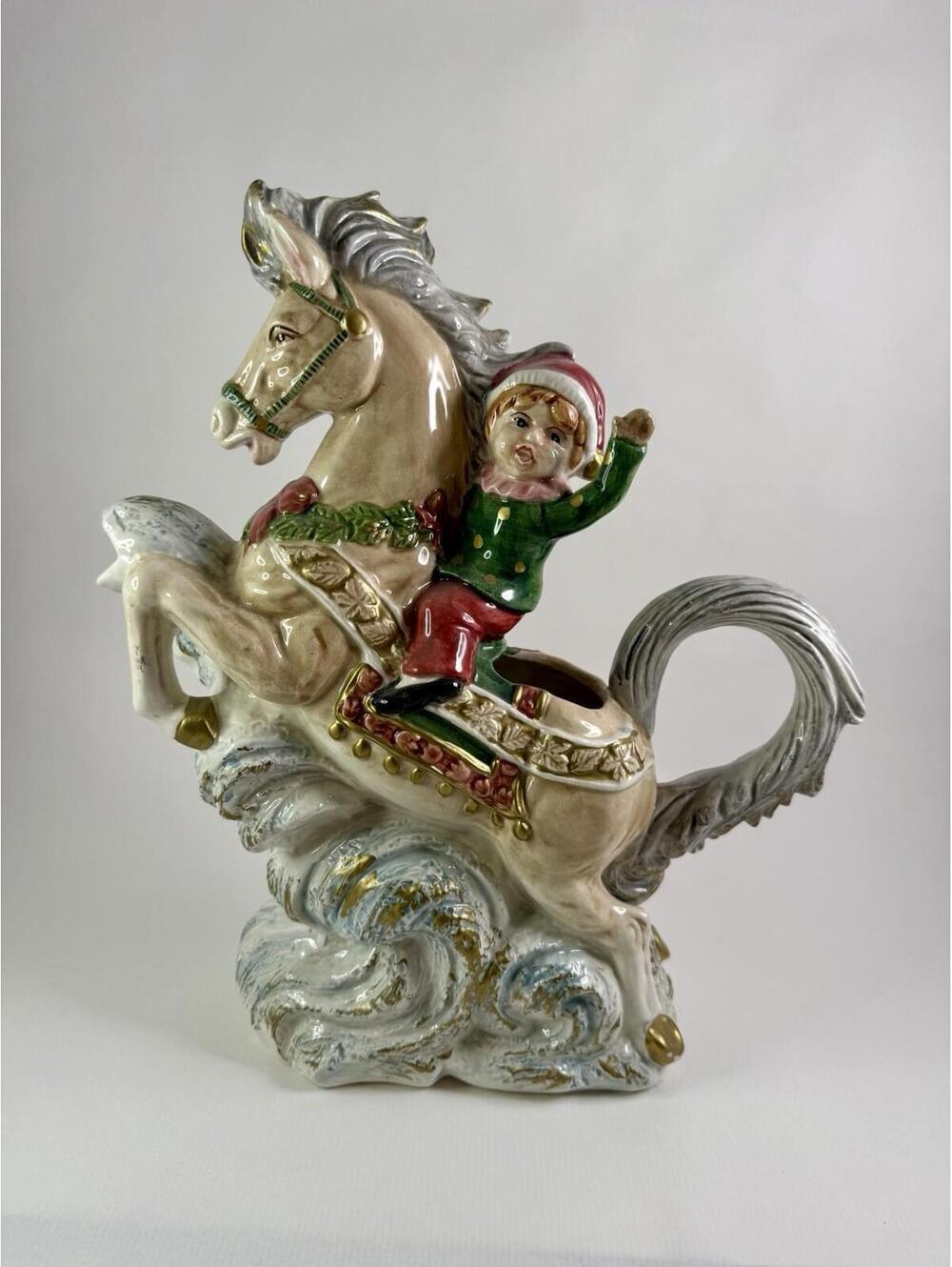 VIntage Omnibus Fitz and floyd Christmas Water Pitcher Jug Elf Horse Christmas